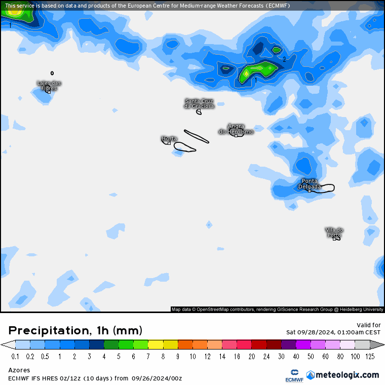 Previsão de precipitação no sábado, Açores - IFS\ECMWF