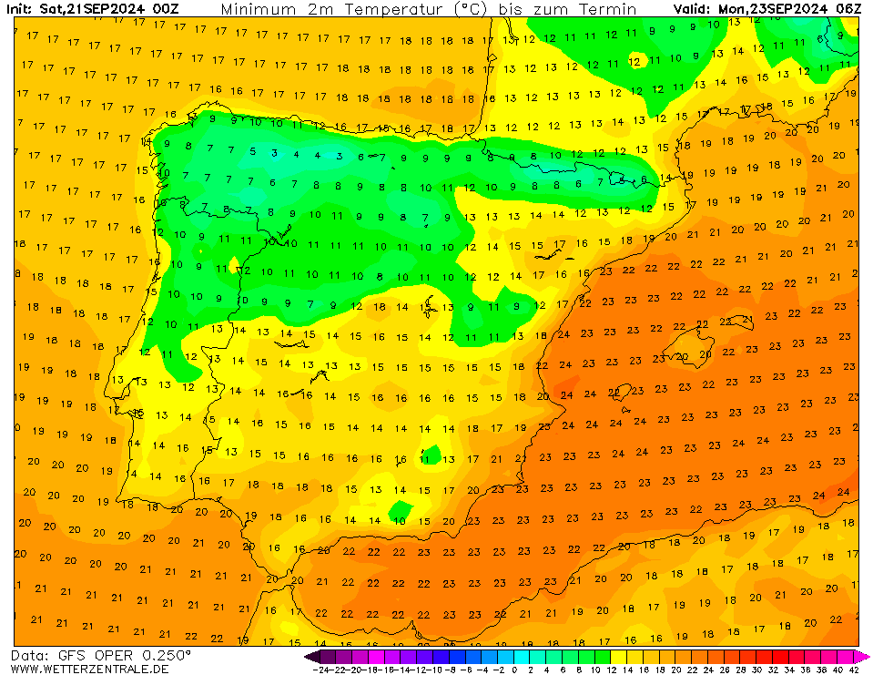 Temperaturas na Segunda 23 de Setembro - Previsão GFS