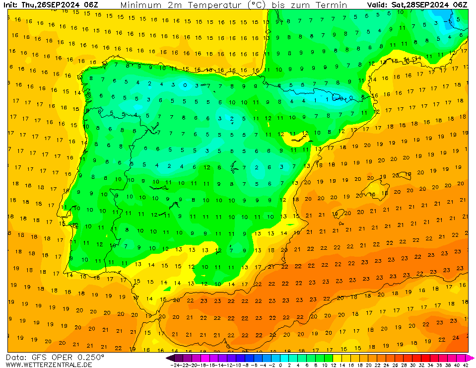 Temperaturas no Sábado - previsão GFS