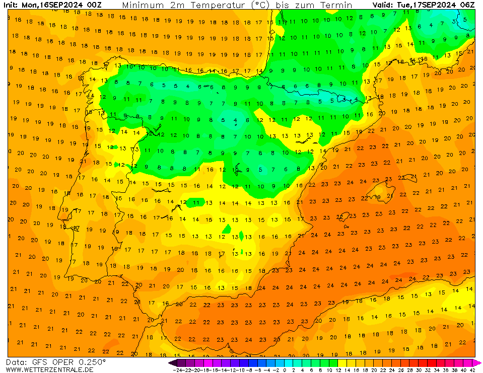 Tempo na Terça, 17 de Setembro - Risco de incêndio extremo, com vento muito forte previsto - saiba a previsão meteorológica completa Temperaturas na Terça, 17 de Setembro GFS