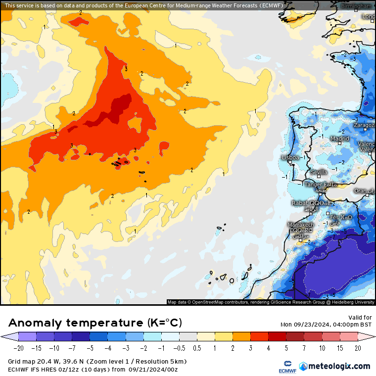 Calor nos Açores - anomalia de temperatura prevista para 23 de Setembro