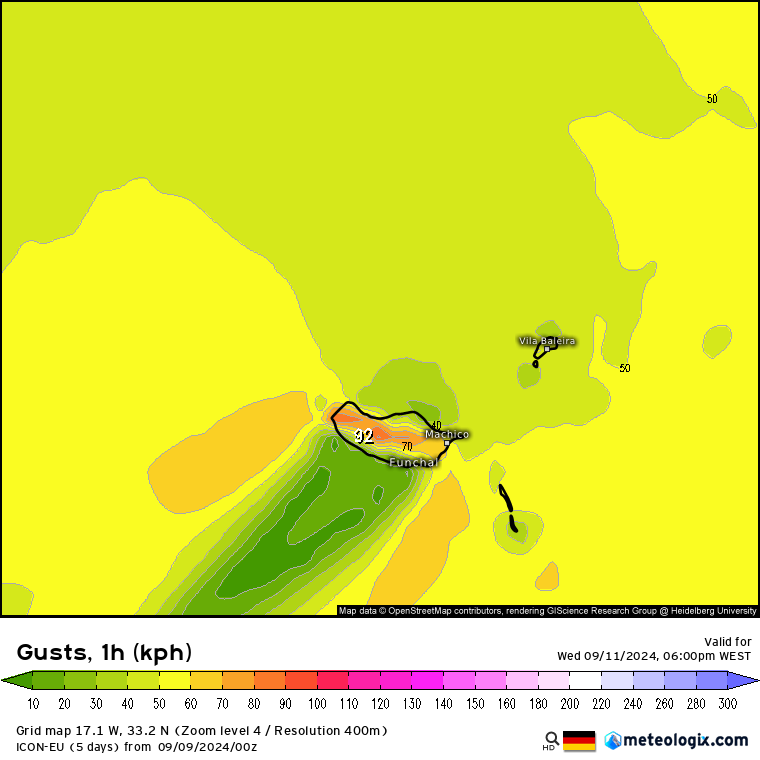 Vento máximo previsto pelo modelo ICON-EU na Madeira, 11 de Setembro (QUARTA)
