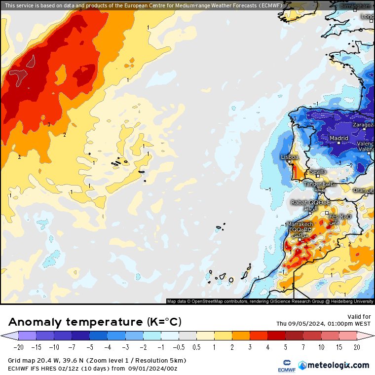 Anomalia de temperatura na Quinta, 5 de Setembro - Tempo fresco - ECMWF