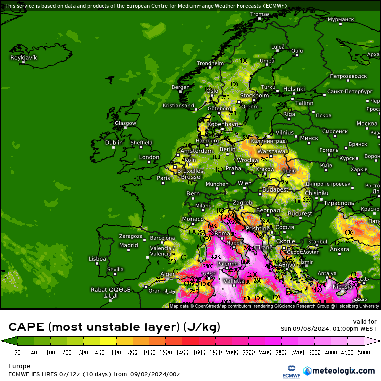 Mau Tempo na Europa, depois do tempo quente, com vento leste a chegar a Portugal dias 4-5 de Setembro - Verão pode chegar ao Oeste uns dias - Saiba a previsão completa Energia convectiva muito elevada, exemplo Domingo dia 8 de Setembro - Previsão ECMWF