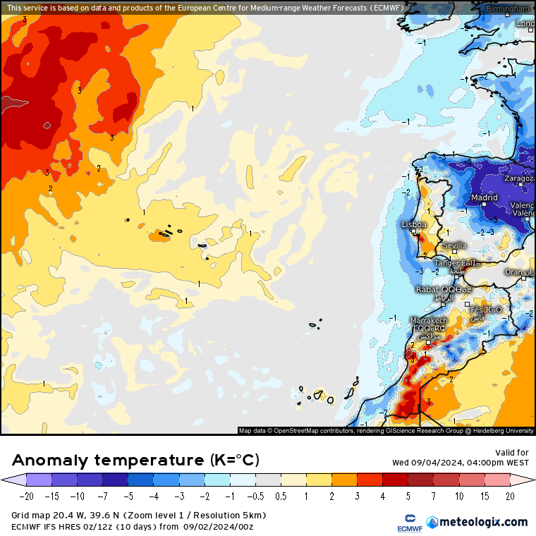 Tempo na Quarta, 4 de Setembro - Mudança de tempo, com anticiclone a aproximar-se, depressões mais longe - Temperaturas sobem, com risco de incêndio - Saiba a nossa previsão completa! Anomalia de temperatura prevista para Quarta, 4 de Setembro