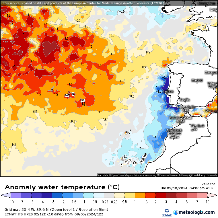 Anomalia da temperatura do mar - dia 10 de Setembro, ECMWF