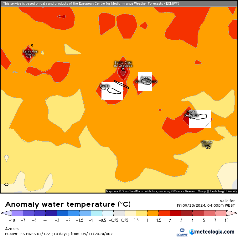 Tempo na Sexta, 13 de Setembro - Mudança de tempo, subida brusca da temperatura no litoral - atenção ao risco MUITO elevado de incêndio - saiba a previsão completa! Anomalia da temperatura da água do mar - Açores, 13 de Setembro 2024