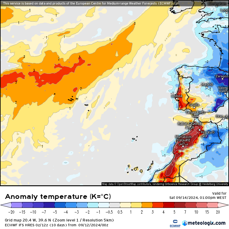 Anomalia de temperatura prevista Sábado 14 de Setembro