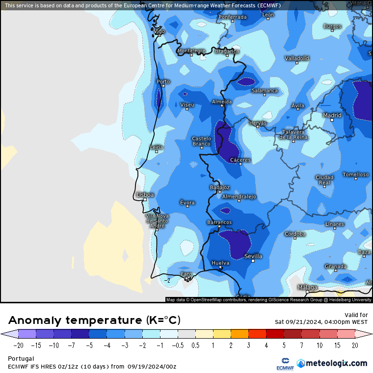 Anomalia de temperatura, Sábado 21 de Setembro ECMWF