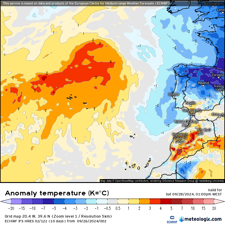 Tempo no Sábado, 28 de Setembro - Possibilidade de geadas em alguns locais, e regresso de muito sol - mau tempo aproxima-se dos Açores? - saiba a previsão completa! Anomalia de temperaturas ao meio do dia de Sábado - ECMWF