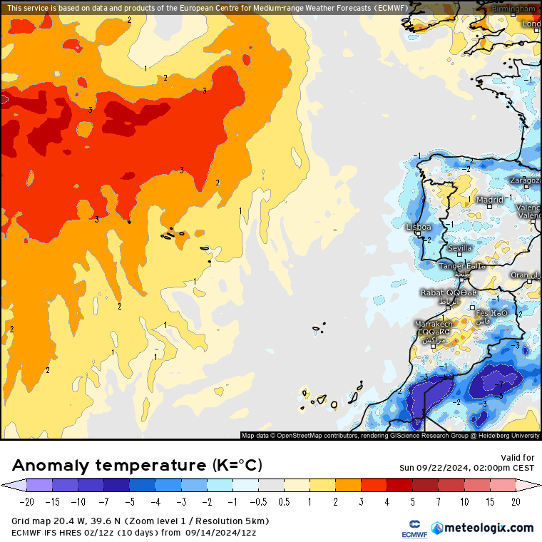 Anomalia de temperatura, previsão ECMWF, dia 22 de Setembro