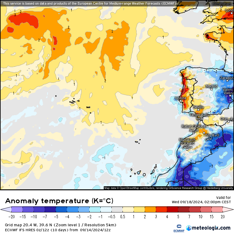 Anomalia de temperatura ECMWF - calor dia 18, Quarta