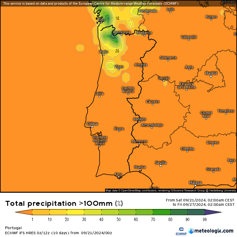 Probabilidade de chuva superior a 100mm até dia 27 de Setembro 2024