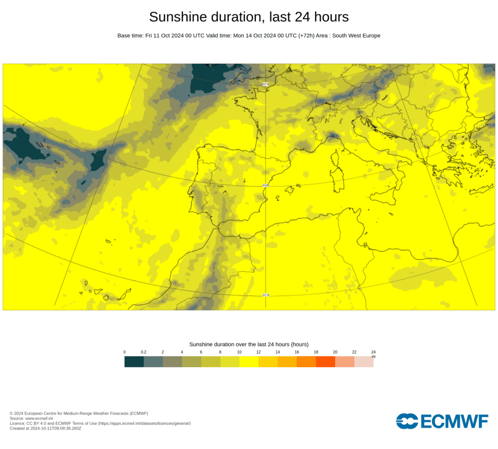 Tempo no domingo, 13 de outubro - Sol espreita em Portugal Continental, tempestade Leslie com alguns efeitos nos Açores - saiba a previsão, e o que esperar nos dias seguintes Horas de sol - previsão ECMWF para o dia 13 de outubro