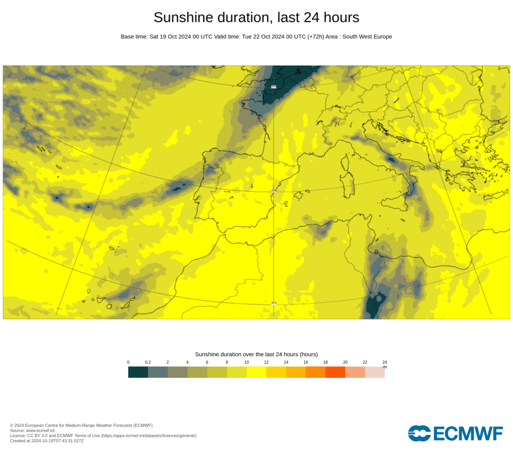 Tempo na segunda, 21 de outubro 2024 - O anticiclone chegou, mas a humidade não nos deixou - mais uma frente a Norte - saiba a previsão completa! Número de horas de sol previstas pelo modelo ECMWF-IFS na segunda, 21 de outubro