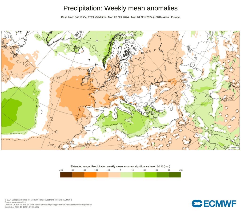 Tempo na terça, 22 de outubro 2024 - Finalmente o tempo seco... e as temperaturas não páram de subir - saiba a previsão completa e mais informação! Previsão ECMWF - anomalia de precipitação prevista entre 28 de outubro e 4 de novembro