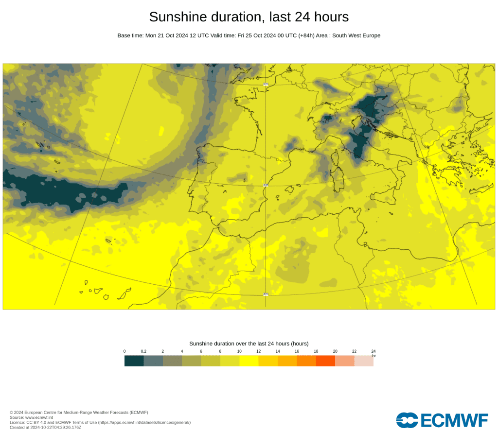 Tempo na quinta, 24 de outubro - Regresso da chuva e instabilidade a algumas regiões, com aproximação de uma frente fria - saiba a nossa previsão! Número de horas de sol previstas pelo modelo ECMWF - IFS - nesta quinta, 24 de outubro