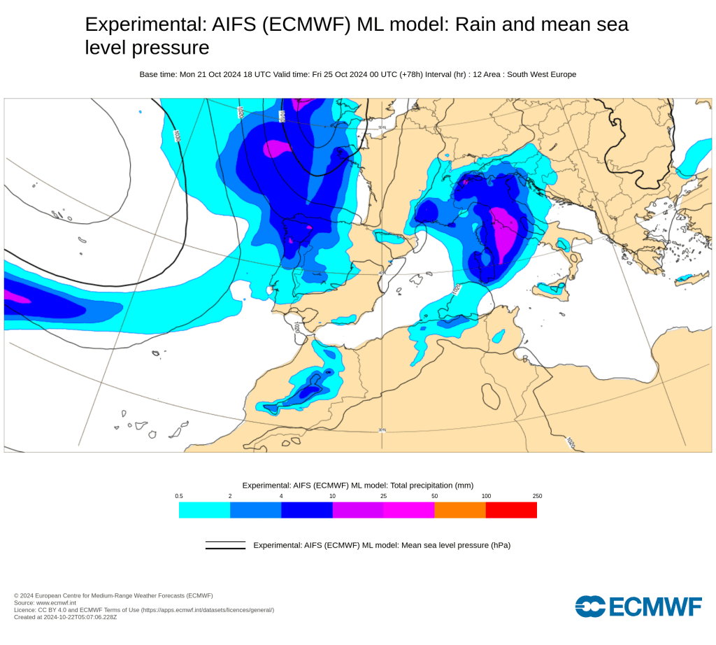 Tempo na quinta, 24 de outubro - Regresso da chuva e instabilidade a algumas regiões, com aproximação de uma frente fria - saiba a nossa previsão! Precipitação acumulada - previsão ECMWF-AIFS