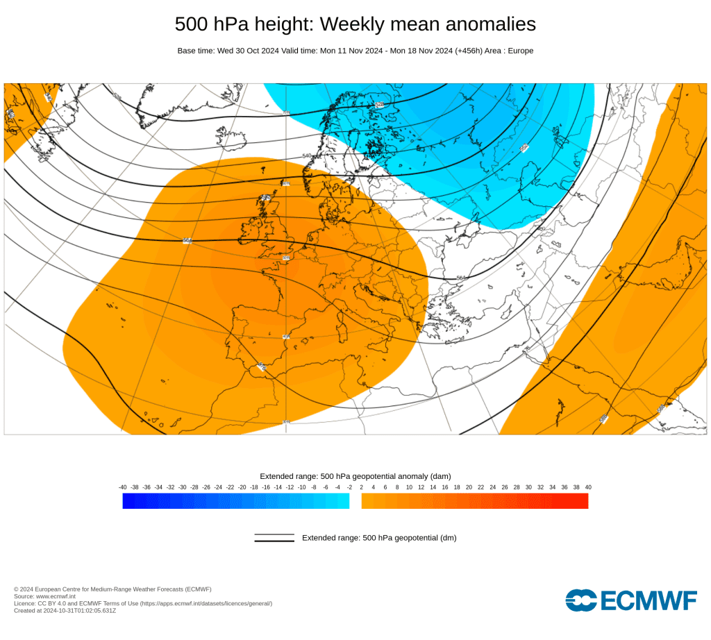 Agravamento do tempo - 31 de outubro e 1 de novembro - chuvas fortes em Portugal, e possível nova tempestade em Espanha - saiba a atualização da previsão e o tempo no fim-de-semana prolongado! Anomalia de geopotencial prevista pelo modelo ECMWF para o período 4 a 11 de novembro