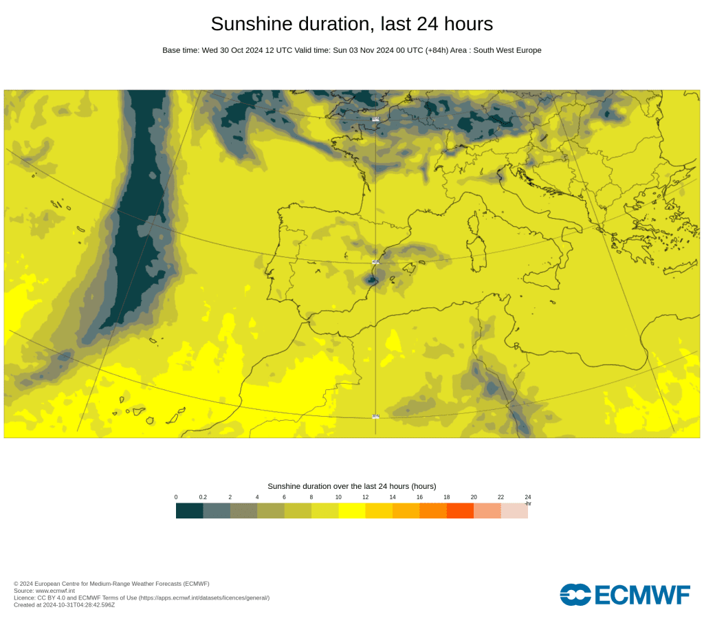 Tempo no sábado, 2 de novembro - Mudança rápida de tempo e chega tempo de primavera, de novo - nem parece novembro... - saiba a nossa previsão completa! Número de horas de sol previstas pelo modelo ECMWF - sábado, 2 de novembro