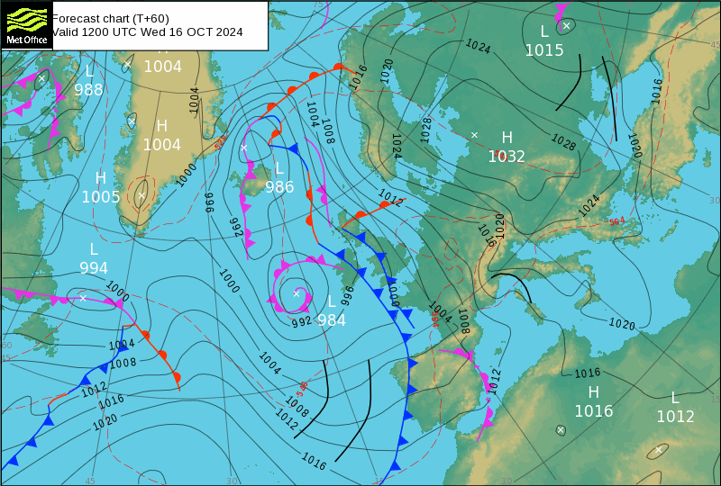 Tempo na quarta, 16 de outubro - Perturbação do jet-stream, e mais uma frente fria atravessa o território - saiba a previsão completa! Previsão frontal MetOffice, quarta, 16 de outubro