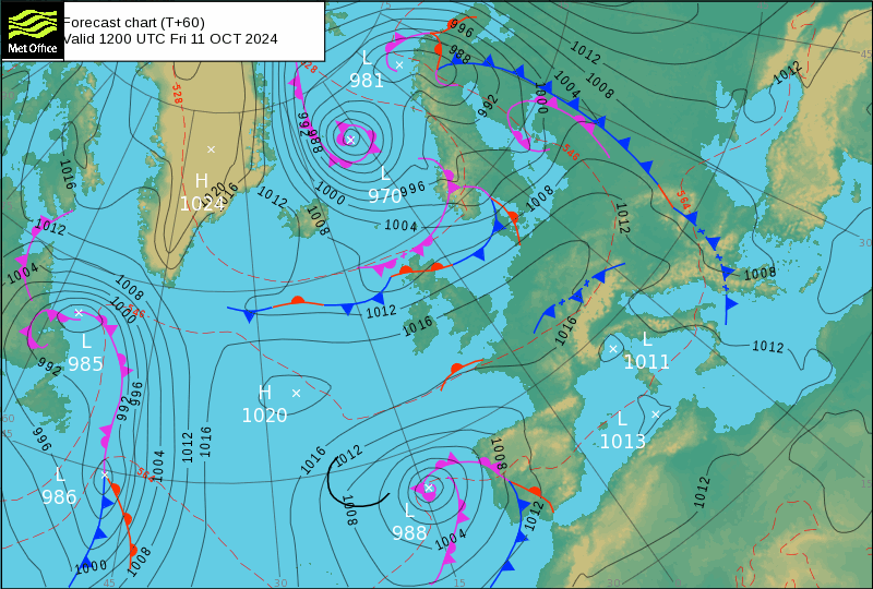 Tempo na sexta, 11 de outubro - Mais uma depressão, com chuva, vento e trovoadas - saiba a previsão completa, e quais as regiões afetadas Tempo na sexta, 11 de outubro - carta de análise frontal MetOffice