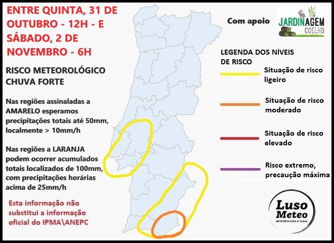 Agravamento do tempo - 31 de outubro e 1 de novembro - chuvas fortes em Portugal, e possível nova tempestade em Espanha - saiba a atualização da previsão e o tempo no fim-de-semana prolongado! Agravemento do tempo - Risco meteorológico entre quinta e sábado