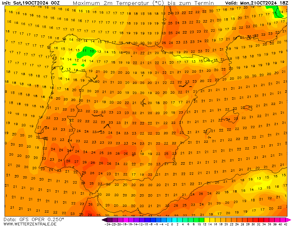 Tempo na segunda, 21 de outubro 2024 - O anticiclone chegou, mas a humidade não nos deixou - mais uma frente a Norte - saiba a previsão completa! Temperaturas na segunda, 21 de outubro - GFS