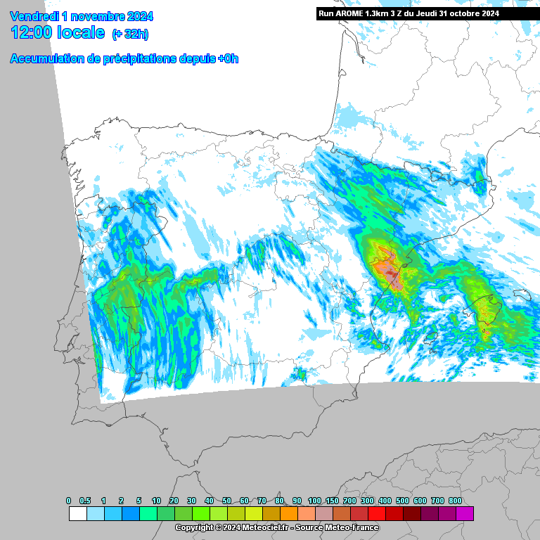 Agravamento do tempo - 31 de outubro e 1 de novembro - chuvas fortes em Portugal, e possível nova tempestade em Espanha - saiba a atualização da previsão e o tempo no fim-de-semana prolongado! Precipitação acumulada até às 12h de sexta, dia 1 de novembro - AROME-HD