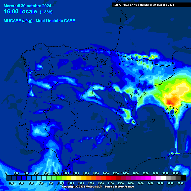 Tempestade a ocorrer em Espanha nos dias 29-30 de outubro - possível situação de catástrofe até quarta-feira ao final do dia! CAPE, previsão ARPEGE 30 de outubro