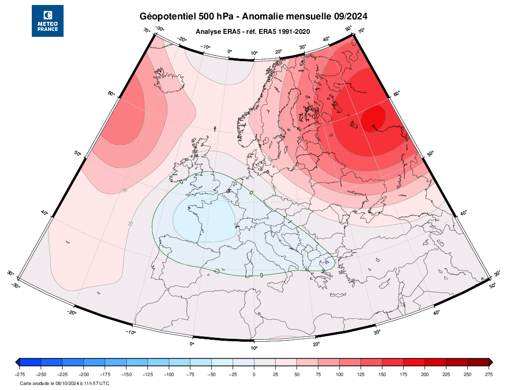 Clima - Setembro - o 4º mais frio dos últimos 25 anos, Outubro segue quente e chuvoso - o que virá a seguir? Clima - Anomalia de pressão e geopotencial ao longo de setembro - ERA5