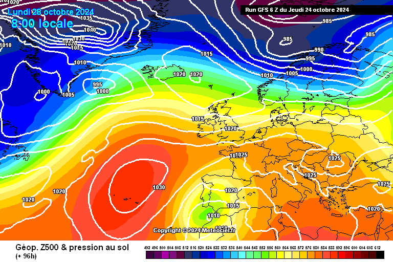 Tempestade em França e Itália no final desta semana - 25 a 27 de outubro - Inundações de grande dimensão esperadas, novamente - saiba também o efeito desta depressão em Portugal Pressão e geopotencial - previsão GFS