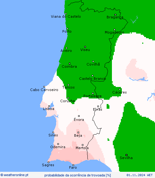 Tempo na sexta, 1 de novembro - Chuva e trovoadas no Dia de Todos os Santos, mas com mudanças à vista - saiba a previsão completa! Probabilidade de ocorrência de trovoada - 1 de novembro - Weatheronline