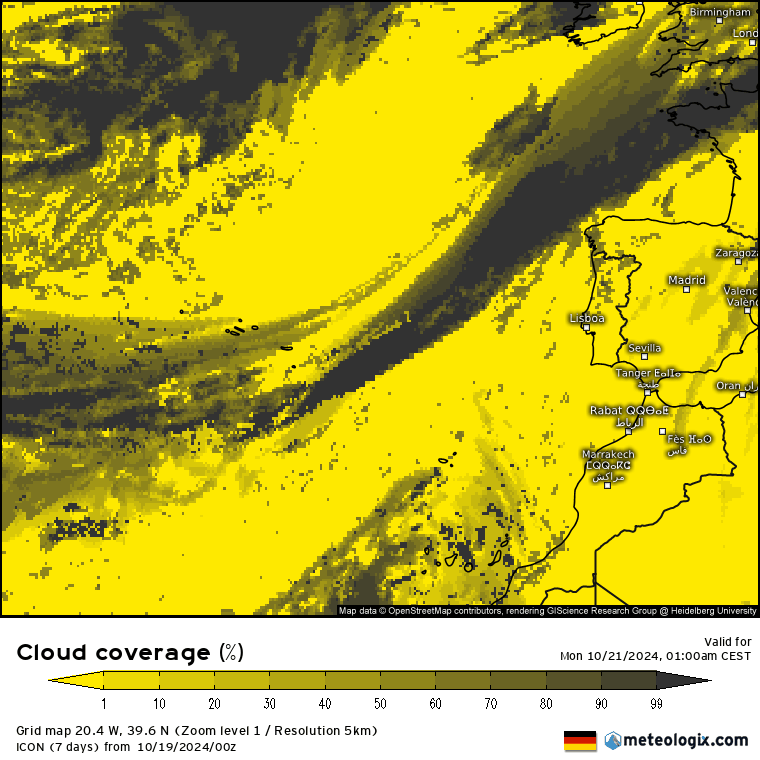 Tempo na segunda, 21 de outubro 2024 - O anticiclone chegou, mas a humidade não nos deixou - mais uma frente a Norte - saiba a previsão completa! Nebulosidade total - previsão segundo o modelo ICON