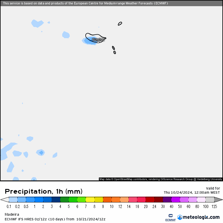 Tempo na quinta, 24 de outubro - Regresso da chuva e instabilidade a algumas regiões, com aproximação de uma frente fria - saiba a nossa previsão! ECMWF - precipitação prevista para quinta 24 de outubro - Madeira