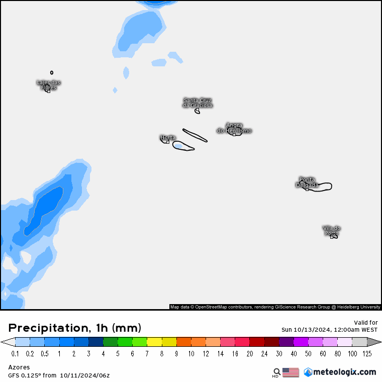 Tempo no domingo, 13 de outubro - Sol espreita em Portugal Continental, tempestade Leslie com alguns efeitos nos Açores - saiba a previsão, e o que esperar nos dias seguintes Precipitação prevista pelo modelo GFS - Açores, domingo, 13 de outubro