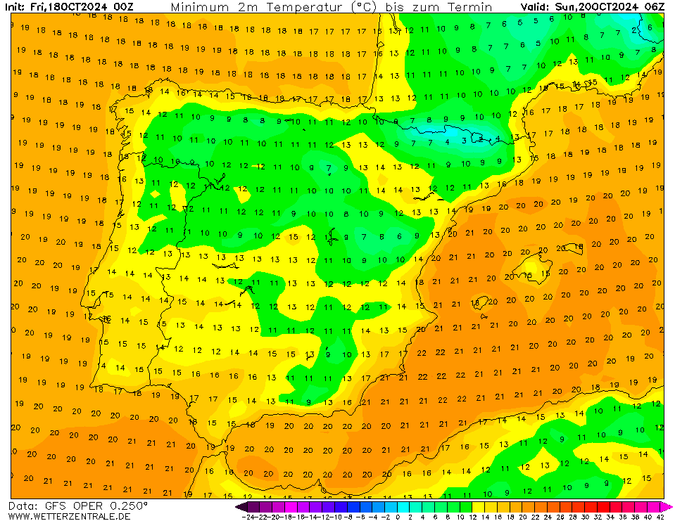 Tempo no domingo, 20 de outubro - Melhoria gradual do tempo, vem aí o anticiclone - mas atenção ao mar! - saiba a nossa previsão completa! Temperaturas no domingo, 20 de outubro - previsão GFS