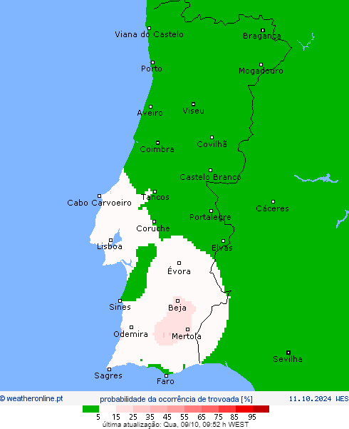Tempo na sexta, 11 de outubro - Mais uma depressão, com chuva, vento e trovoadas - saiba a previsão completa, e quais as regiões afetadas Probabilidade de trovoada na Sexta, segundo WeatherOnline