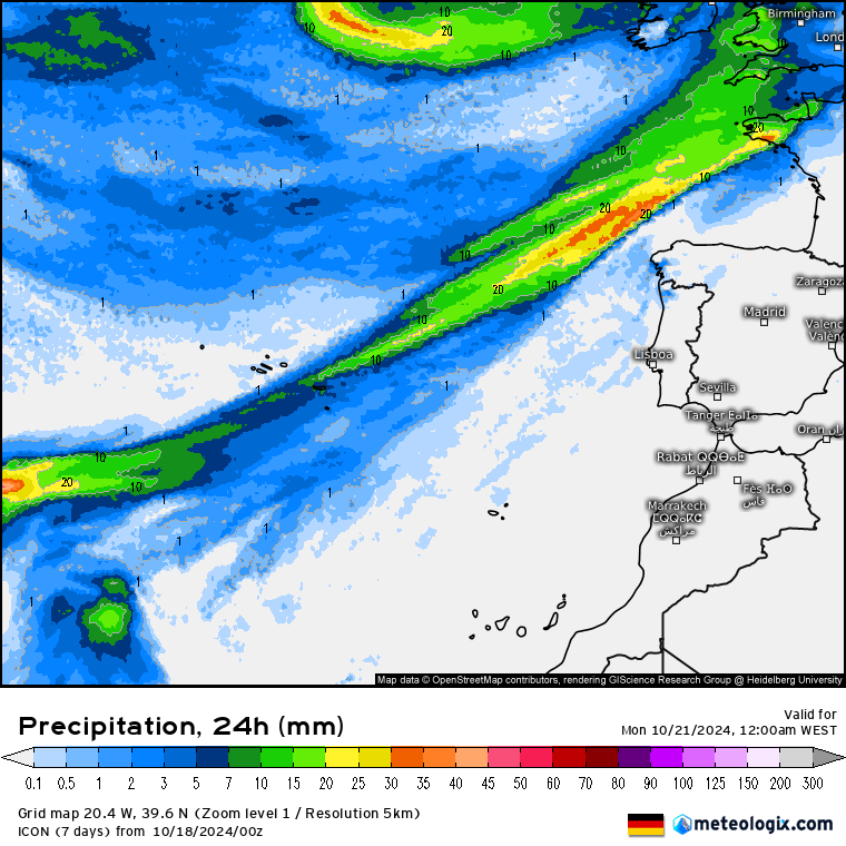 Tempo no domingo, 20 de outubro - Melhoria gradual do tempo, vem aí o anticiclone - mas atenção ao mar! - saiba a nossa previsão completa! Chuva prevista no domingo, 20 de outubro - previsão ICON-DWD