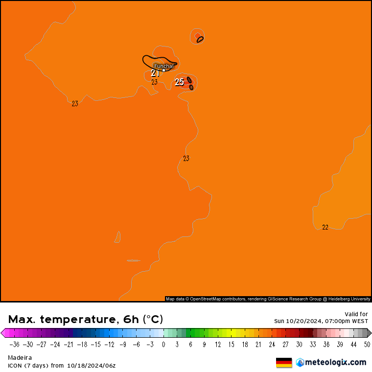 Tempo no domingo, 20 de outubro - Melhoria gradual do tempo, vem aí o anticiclone - mas atenção ao mar! - saiba a nossa previsão completa! Temperaturas máximas previstas para domingo, 20 de outubro - ICON