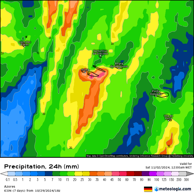 Tempo na sexta, 1 de novembro - Chuva e trovoadas no Dia de Todos os Santos, mas com mudanças à vista - saiba a previsão completa! Precipitação acumulada nos Açores em 24H - ICON