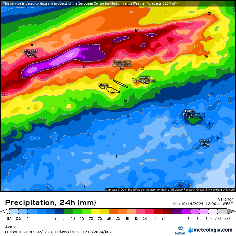 Tempestade Tropical Leslie - Efeitos em Portugal nos próximos dias (Entre 13 a 16 de Outubro) - Saiba a informação e previsão completa Tempestade tropical Leslie - Açores - Precipitação prevista domingo 13 de outubro - IFS