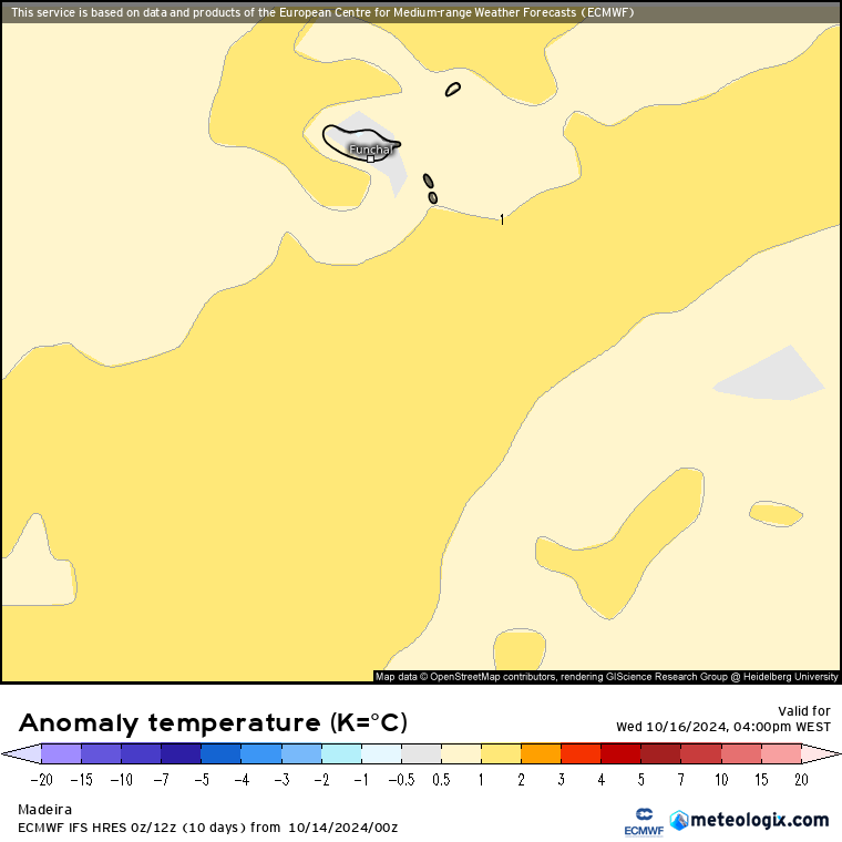 Tempo na quarta, 16 de outubro - Perturbação do jet-stream, e mais uma frente fria atravessa o território - saiba a previsão completa! Anomalia de temperatura prevista para quarta, 16 de outubro