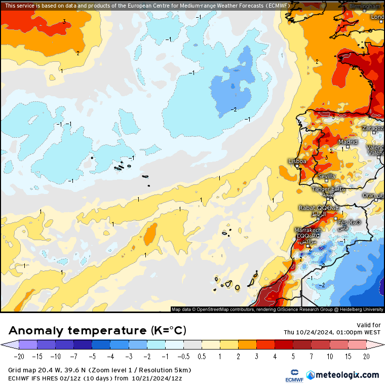 Tempo na quinta, 24 de outubro - Regresso da chuva e instabilidade a algumas regiões, com aproximação de uma frente fria - saiba a nossa previsão! Anomalia de temperaturas para quinta, 24 de outubro