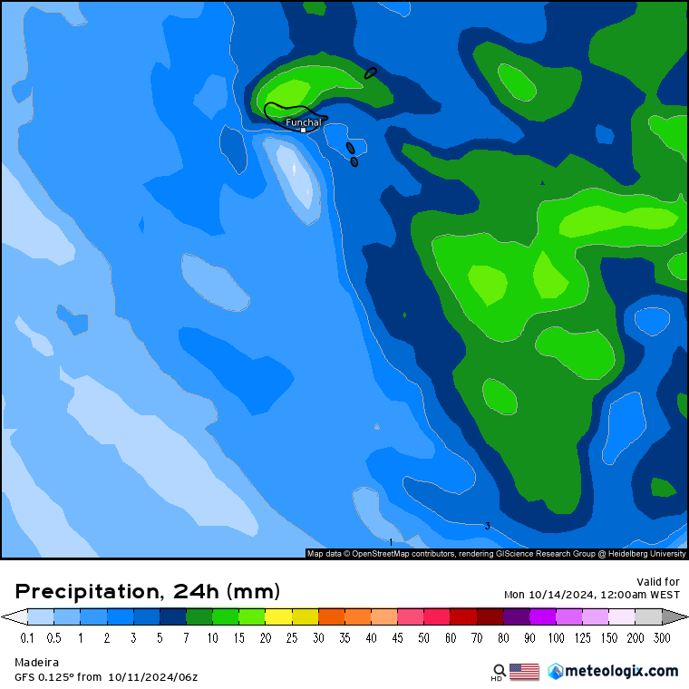 Tempo no domingo, 13 de outubro - Sol espreita em Portugal Continental, tempestade Leslie com alguns efeitos nos Açores - saiba a previsão, e o que esperar nos dias seguintes Precipitação prevista segundo a previsão GFS - domingo, 13 de outubro, Madeira