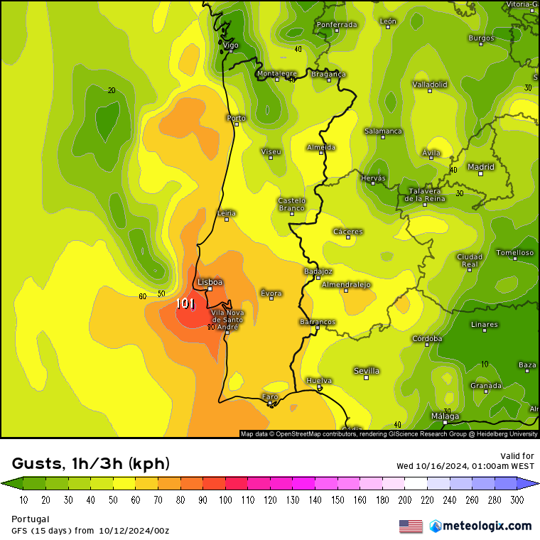 Tempestade Tropical Leslie - Efeitos em Portugal nos próximos dias (Entre 13 a 16 de Outubro) - Saiba a informação e previsão completa Rajadas ao final do dia 15 de outubro (terça) - GFS