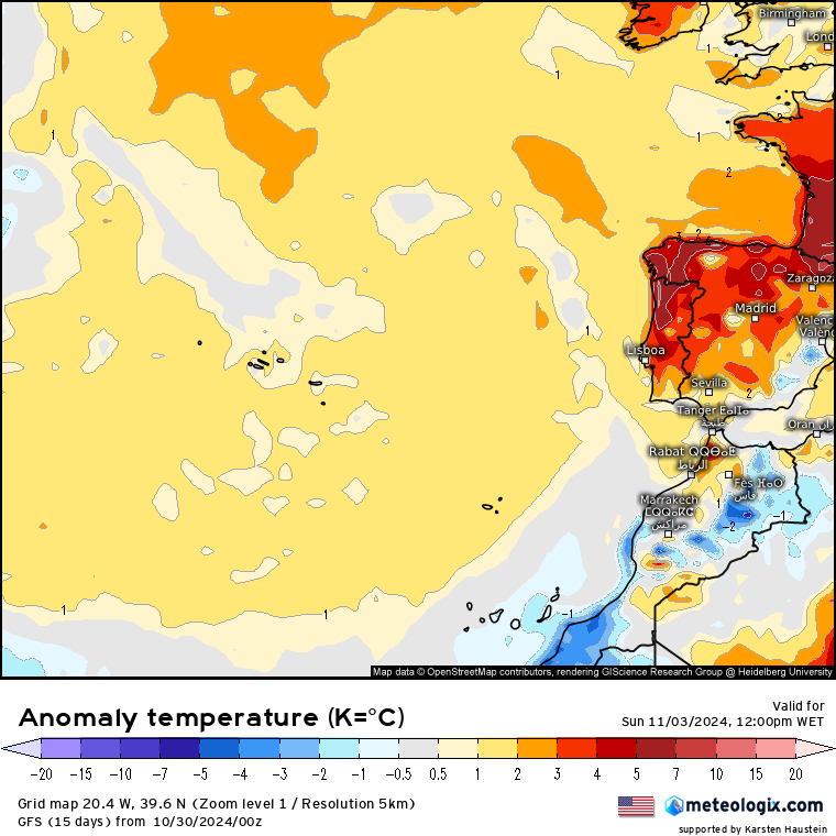 Tempo no domingo, 3 de novembro - Tempo bem quente, "melhor" que muitos dias de Verão, mas aproxima-se uma perturbação - novembro começa "estranho" - saiba a nossa previsão completa! Anomalia de temperaturas prevista para domingo, 3 de novembro - GFS