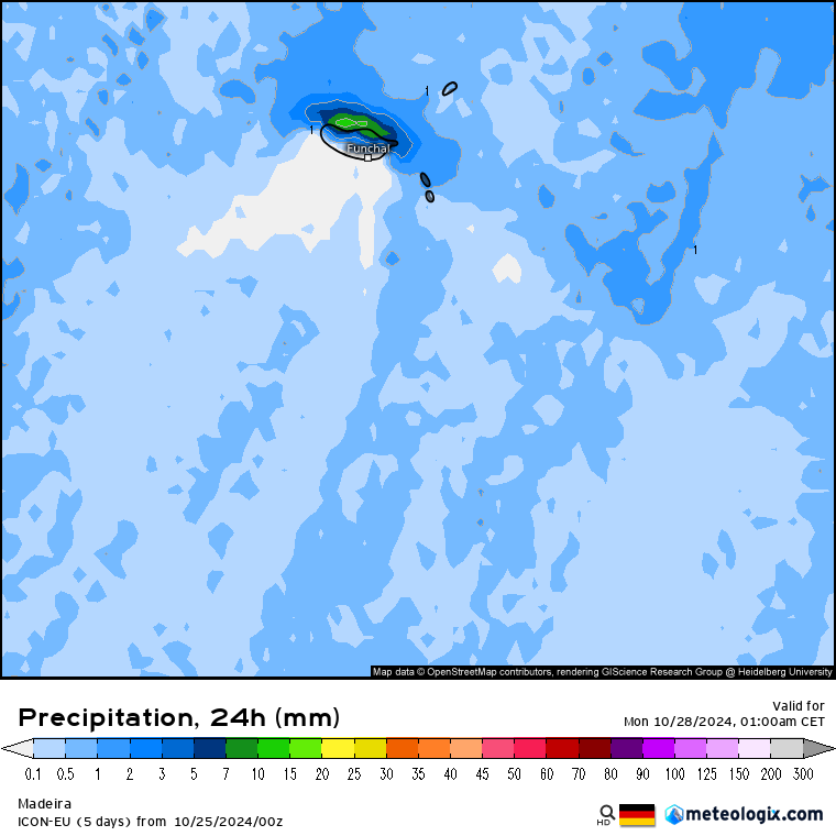 Tempo no domingo, 27 de outubro - Temporal em Espanha, alguns aguaceiros chegam a Portugal, com bastante vento! - saiba a previsão completa! Previsão de precipitação na Ilha da Madeira no domingo, dia 27 de outubro