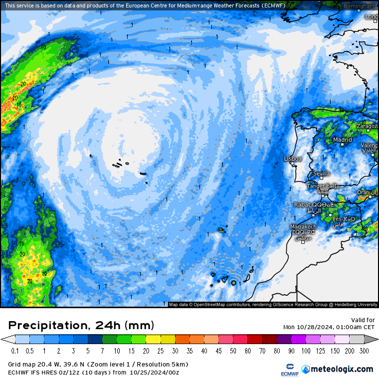 Tempo no domingo, 27 de outubro - Temporal em Espanha, alguns aguaceiros chegam a Portugal, com bastante vento! - saiba a previsão completa! Chuva no domingo, 27 de outubro - previsão ECMWF-IFS