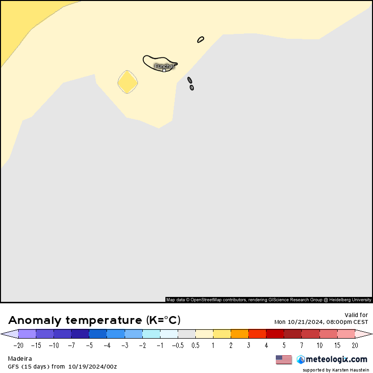 Tempo na segunda, 21 de outubro 2024 - O anticiclone chegou, mas a humidade não nos deixou - mais uma frente a Norte - saiba a previsão completa! Anomalia de temperatura na Madeira, segunda 21 de outubro - GFS